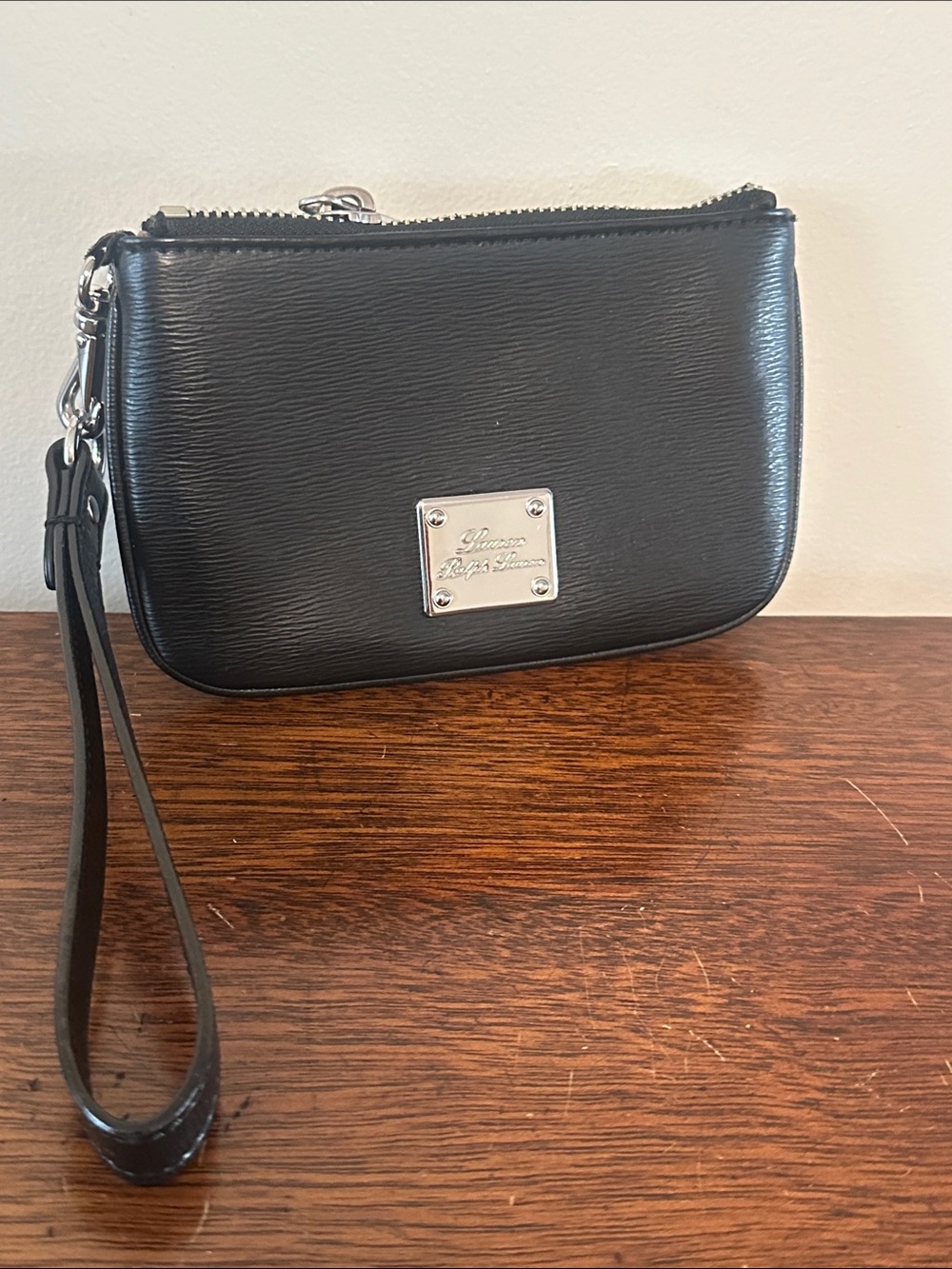 Lauren Ralph Lauren Black Leather Wristlet Clutch with Silver Plate